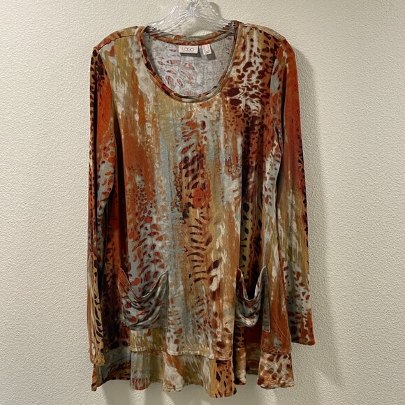 LOGO by LORI GOLDSTEIN Long Sleeve Animal Print Jersey Tunic Ruffle, Rust - M - Picture 1 of 12